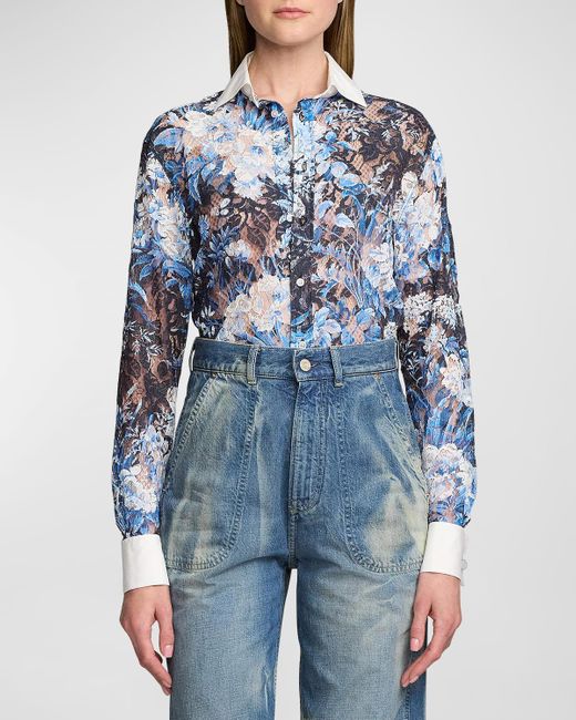 Ralph Lauren Collection Blue Kelley Botanical Print Lace Long-Sleeve Button-Front Shirt