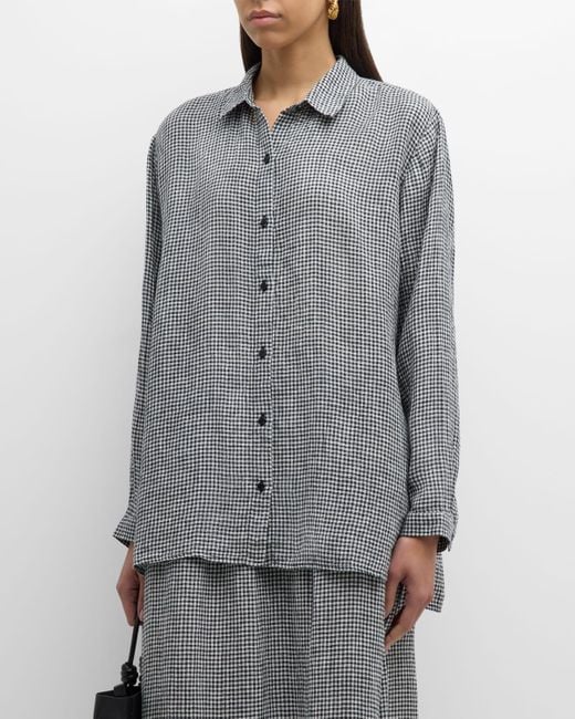 Eileen Fisher Gray Gingham Button-Down Organic Linen Shirt