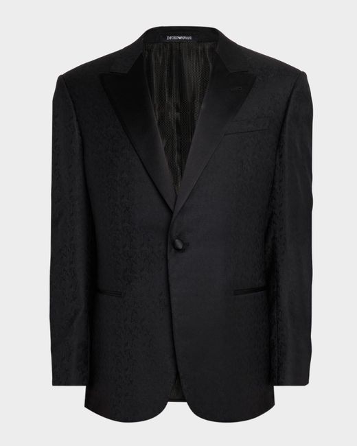 Emporio Armani Black Wool Jacquard Tonal Camouflage Peak Lapel Dinner Jacket for men