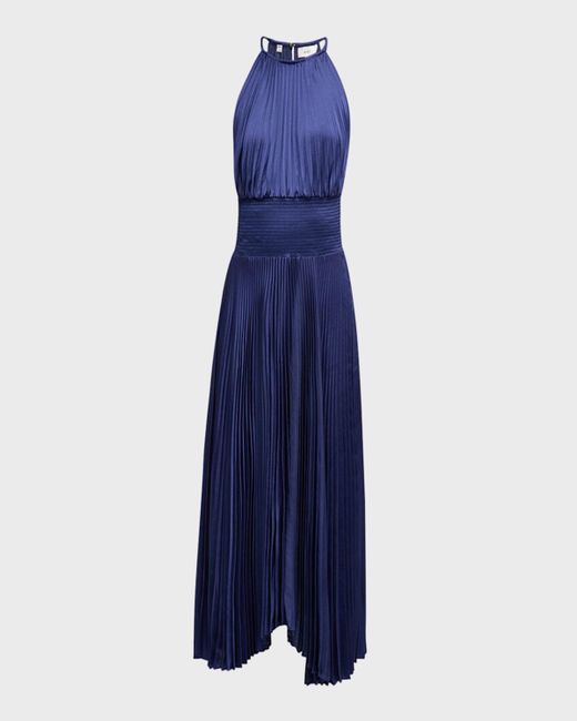 A.L.C. Blue Renzo Ii Satin Pleated High-neck Midi Dress