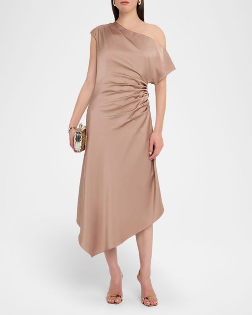 Aidan Mattox Draped One-Shoulder Crepe Back Satin Midi Dress in Natural |  Lyst