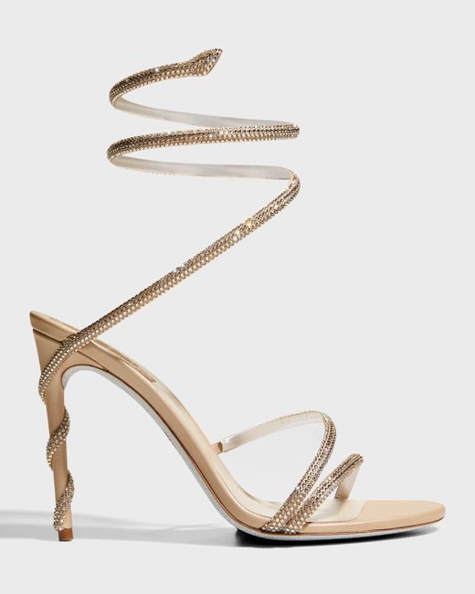 Rene Caovilla White Snake-Wrap Strass Stiletto Sandals
