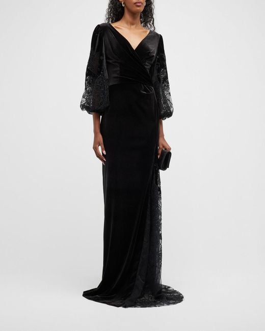Teri Jon Black Velvet Lace-embroidered Column Gown
