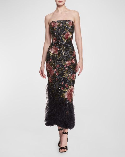 Marchesa Blue Floral Print Sequin Embroidered Column Gown With Feather Trim