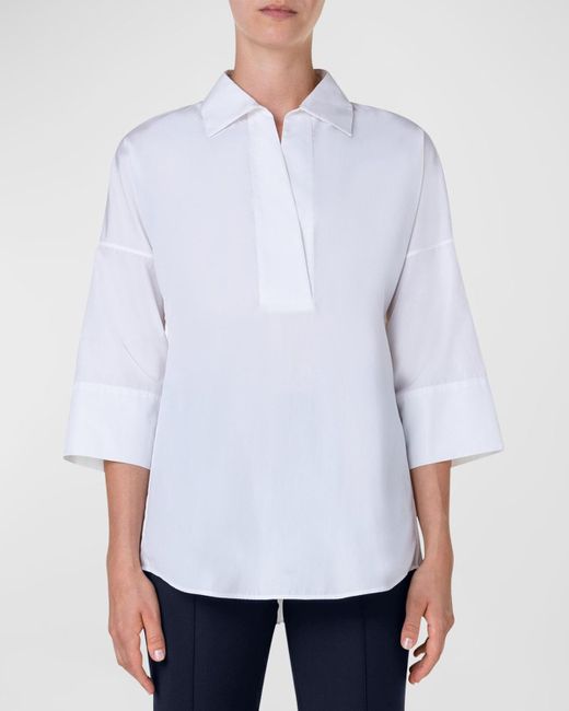 Akris Punto White Kimono-Sleeve Split-Neck Blouse