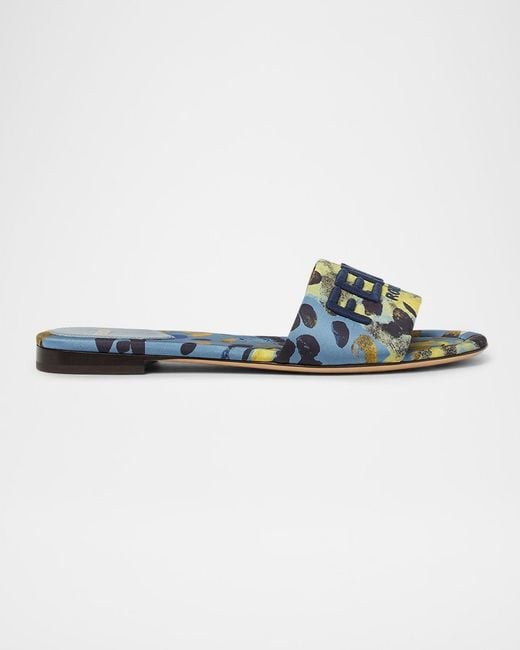 Fendi Women's Blue Sunshine Dew Drops Silk Satin Slides