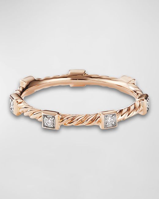 David Yurman Metallic Cable Collectibles Stacking Band Ring W/ Diamonds In 18k Rose Gold, Size 9