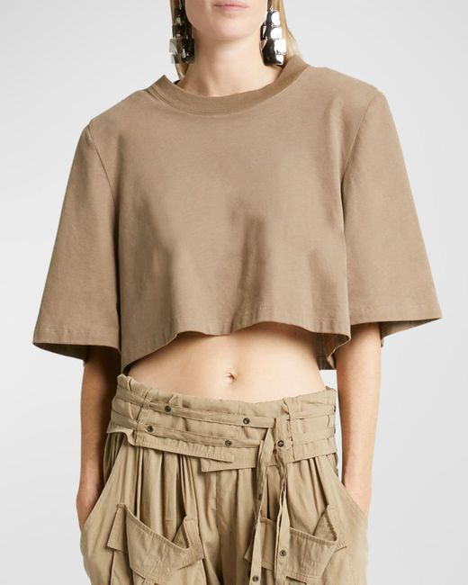 Isabel Marant Natural Zaely Strong-Shoulder Short-Sleeve Crop T-Shirt