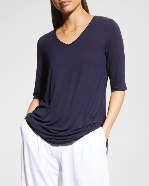 Eileen Fisher Blue V-Neck Elbow-Sleeve Viscose Jersey Tunic