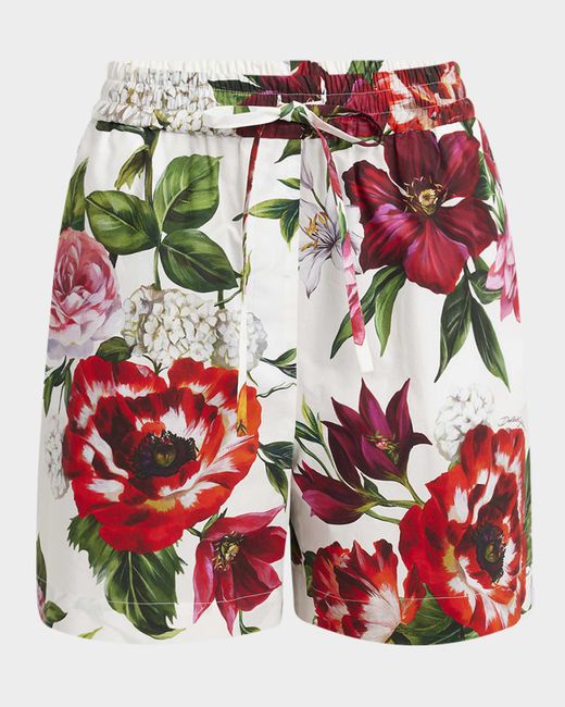 Dolce & Gabbana Red Anemone Floral Popeline Drawstring Shorts
