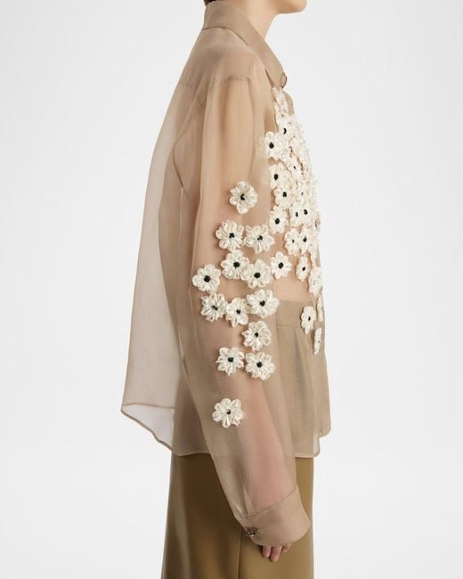 Khaite Natural Argo Floral Applique Silk Button-Down Top