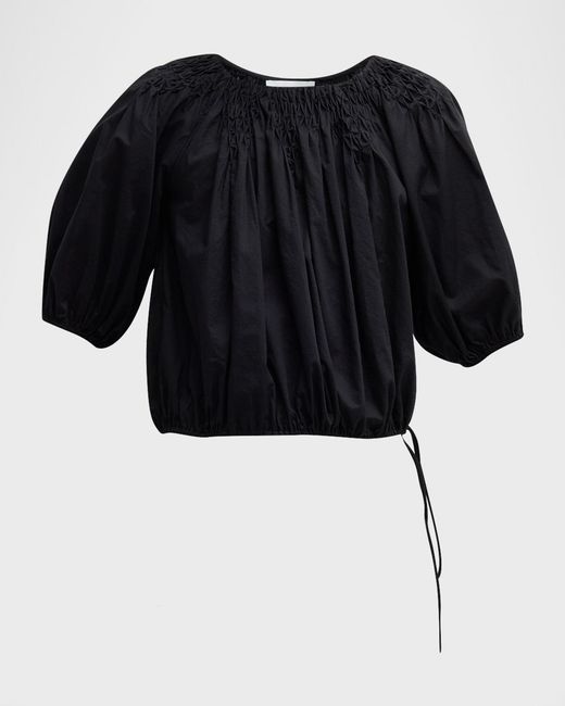 Merlette Black Lotus Smocked Blouson-Sleeve Voile Blouse
