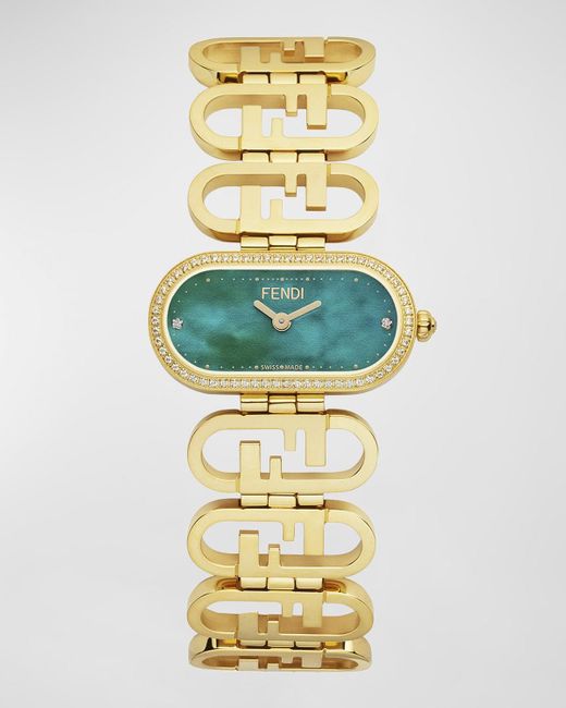 Fendi Metallic O'Lock Horizontal Oval Bracelet Watch With Diamonds