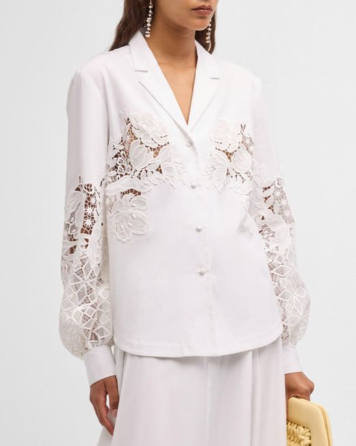 Lela Rose White Lace-inset Button-down Shirt