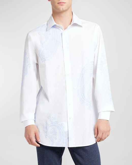 Etro White Paisley Jacquard Cotton Dress Shirt for men