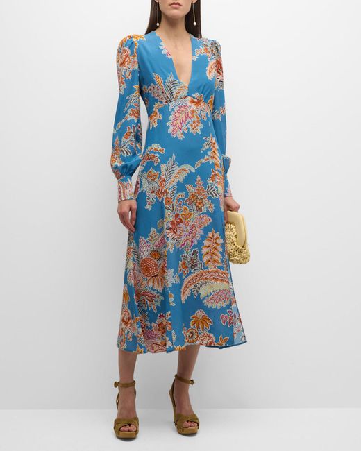 Etro Blue V-neck Floral-print Long-sleeve Slit-hem Cady Midi Dress