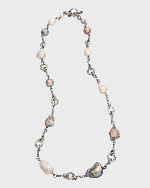 Stephen Dweck White Hand-carved Baroque Multihued Pearl Necklace In Sterling Silver
