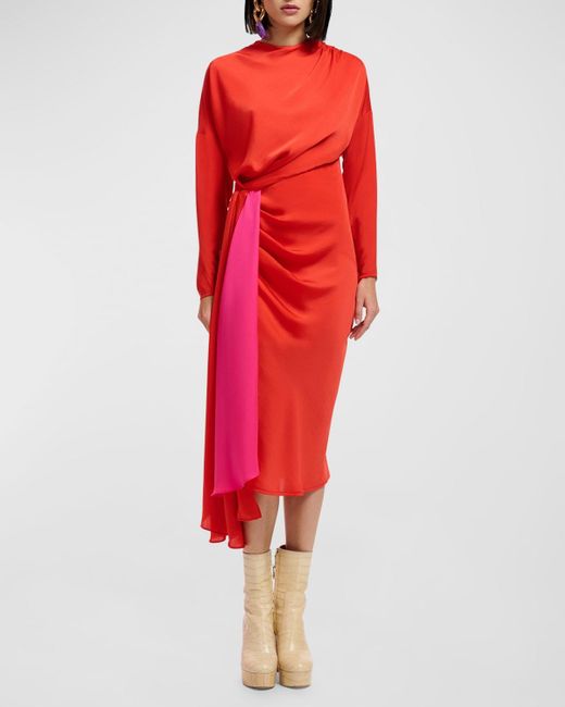 Essentiel Antwerp Estelle Two-tone Draped Midi Dress in Red | Lyst
