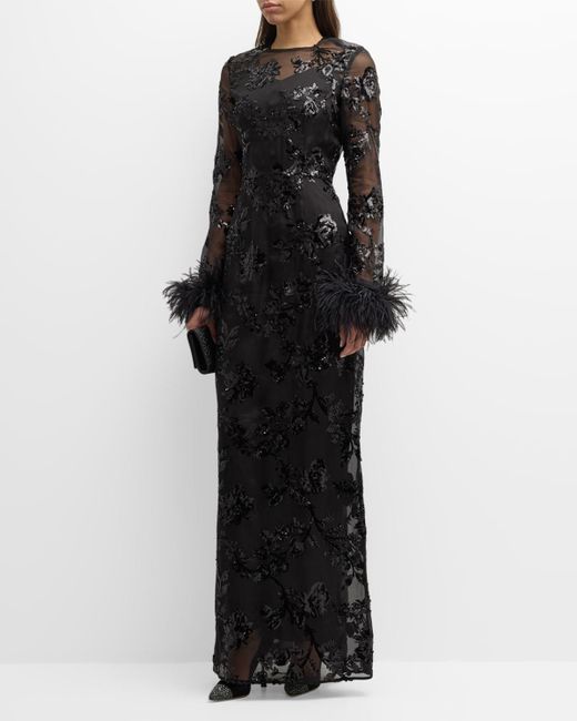 Erdem Black Sequin Waisted Column Gown With Feather Cuffs