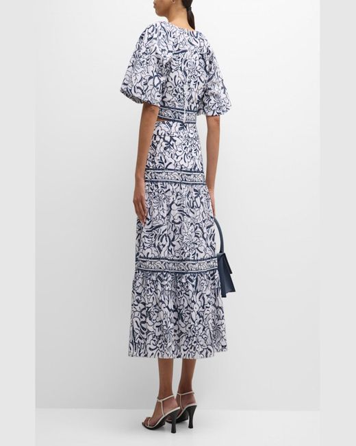 Misook Blue Tiered Eyelet Floral-Embroidered Midi Skirt