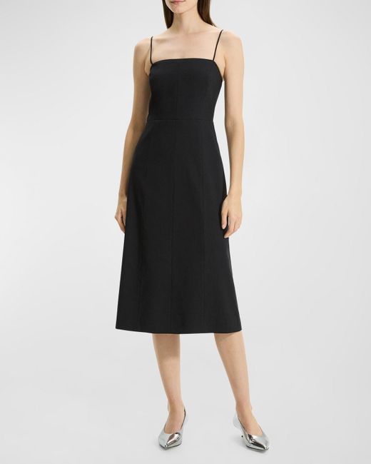 Theory Black Strappy A-Line Linen-Blend Midi Dress
