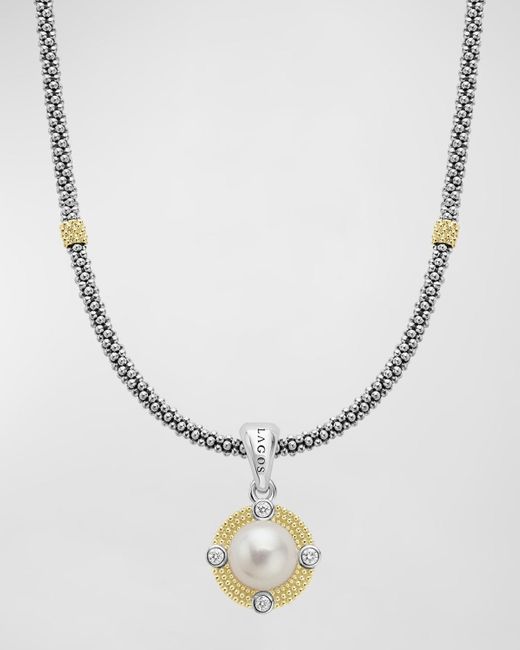 Lagos Metallic Sterling Silver And 18k Luna Pearl Lux With Diamond Pendant Necklace