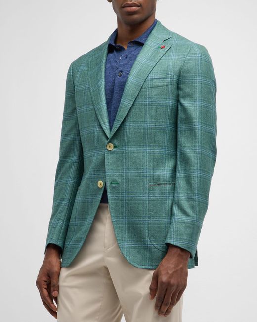 Isaia Green Silk-Cashmere Plaid Sport Coat for men
