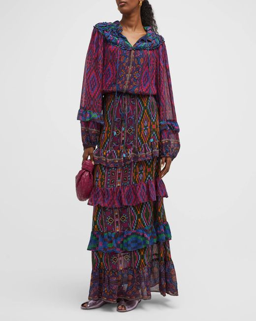 Farm Rio Purple Mixed Tapestry Scarf Maxi Dress