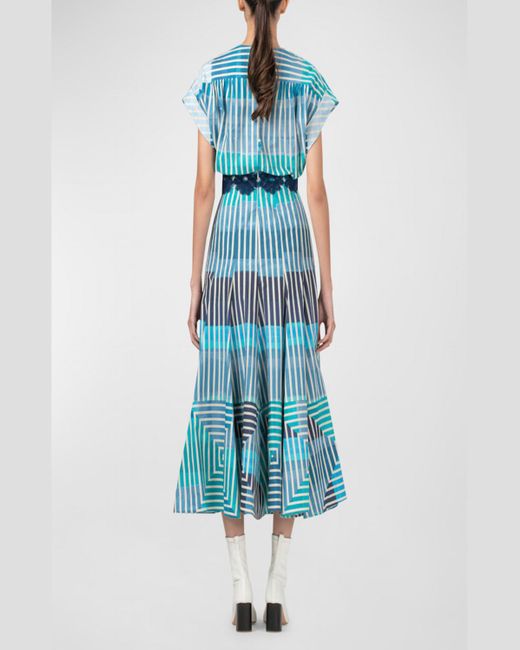 Silvia Tcherassi Blue Adila Striped Midi Dress With Floral Embroidery