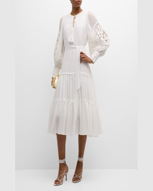 Kobi Halperin White Mira Tiered Eyelet-Embroidered Midi Dress