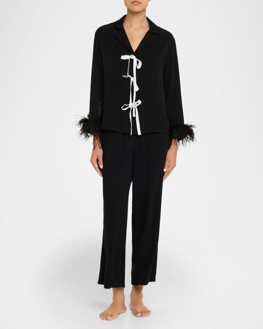 Sleeper Black Cropped Feather-Cuff Viscose Pajama Set