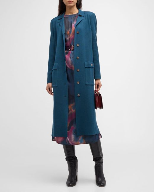 Misook Blue Belted Button-Down Long Knit Jacket