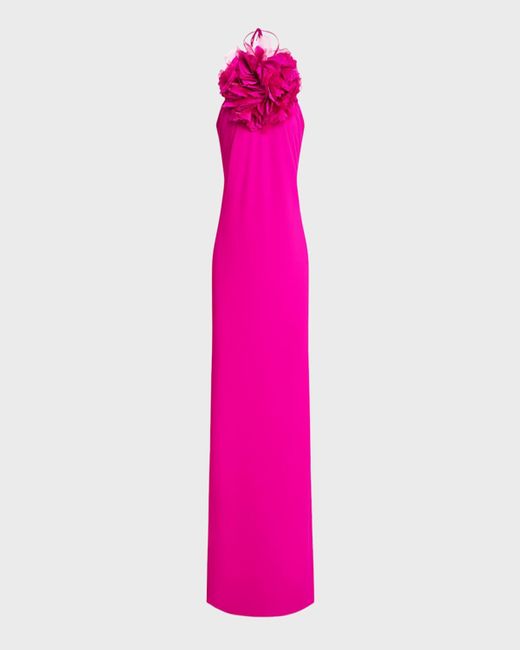 Halston Heritage Pink Onika Flower Halter Column Gown