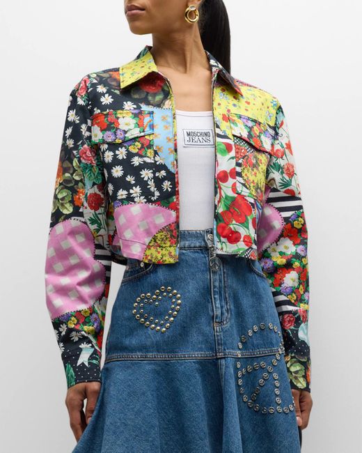 Moschino Jeans Blue Cropped Archive-print Jacket