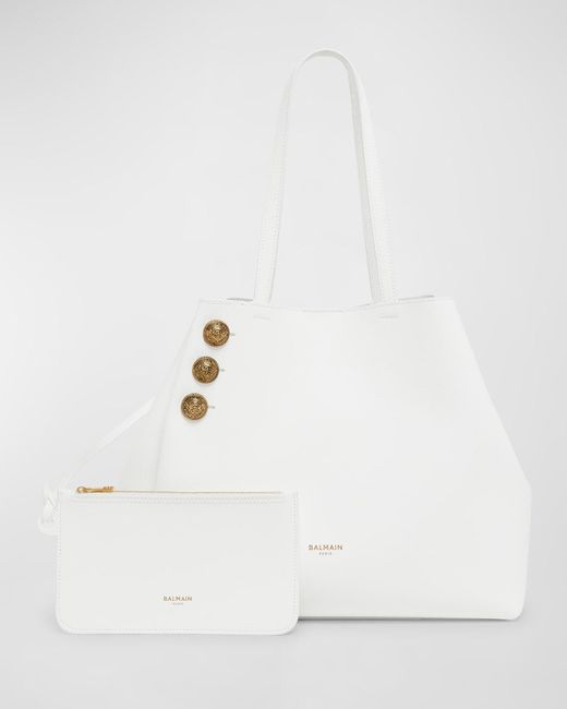 Balmain White Embleme Shopper Tote Bag In Grained Leather