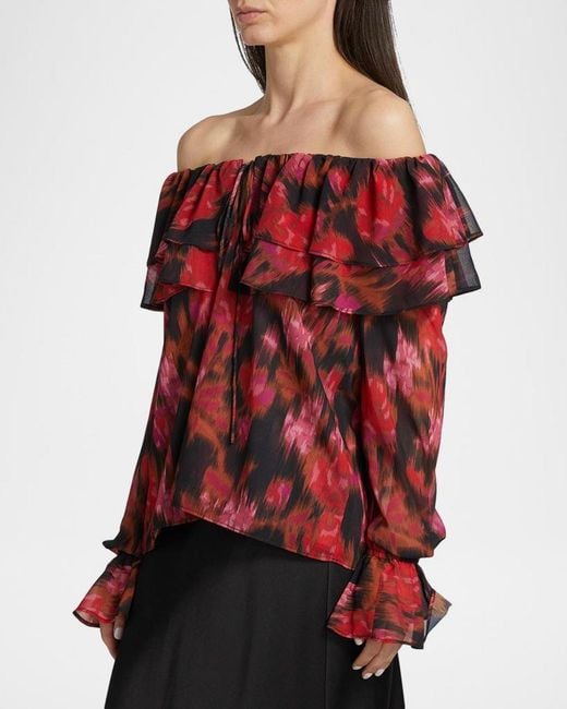 MISA Los Angles Red Patsy Floral Chiffon Off-Shoulder Top