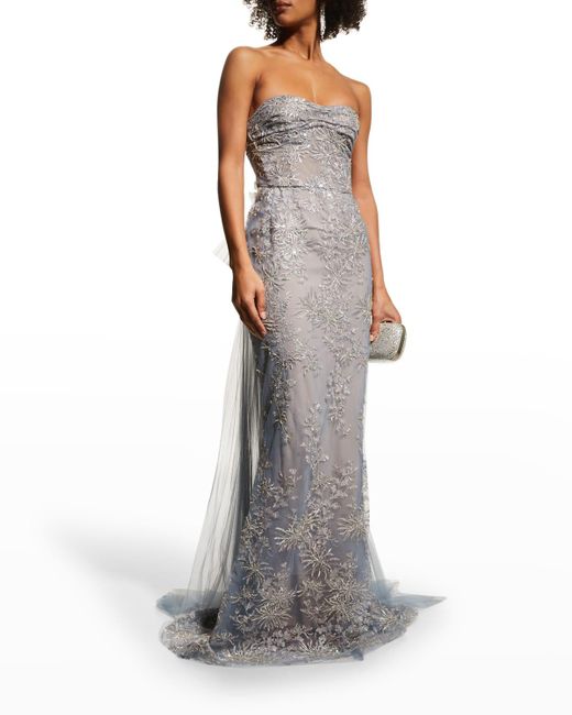Marchesa Gray Strapless Paillette Embroidered Gown W/ Back Tulle