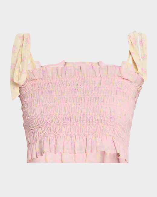 LoveShackFancy Pink Corbin Smocked Crop Top