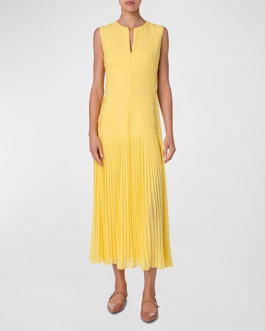 Akris Yellow Pleated Zip-Front Midi Georgette Dress