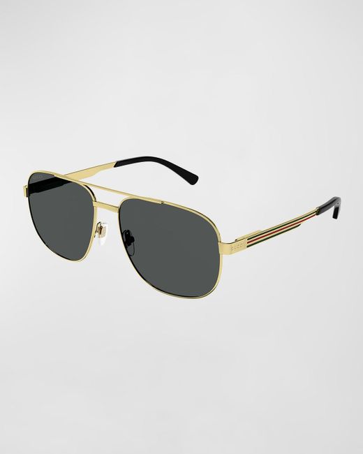 Gucci Black Stripe Logo Metal Aviator Sunglasses for men