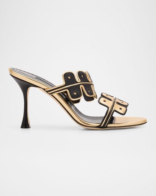 Manolo Blahnik Metallic Aplinanu Nappa Leather Double-Band Slide Sandals