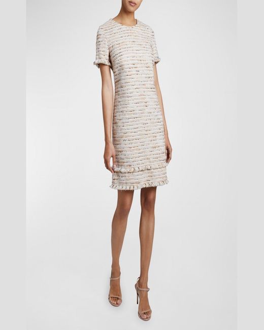 Santorelli Natural Melania Fringe-Trim Tweed Mini Dress