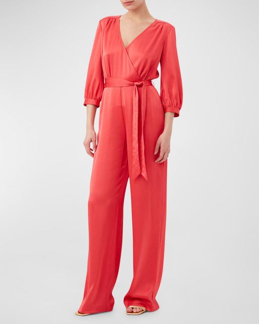 Trina Turk Red Mineral Belted Blouson-Sleeve Jumpsuit