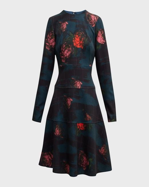 Lela Rose Blue Lily Floral Check-Print Long-Sleeve Tiered Paneled Dress