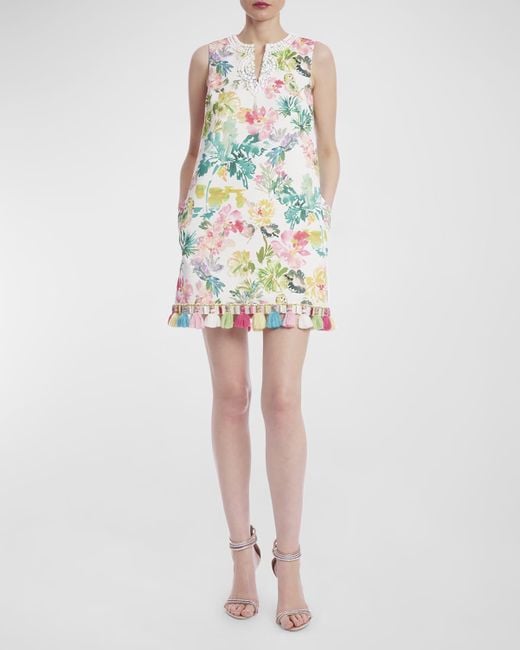 Badgley Mischka Multicolor Beaded Floral-Print Tassel-Trim Mini Dress