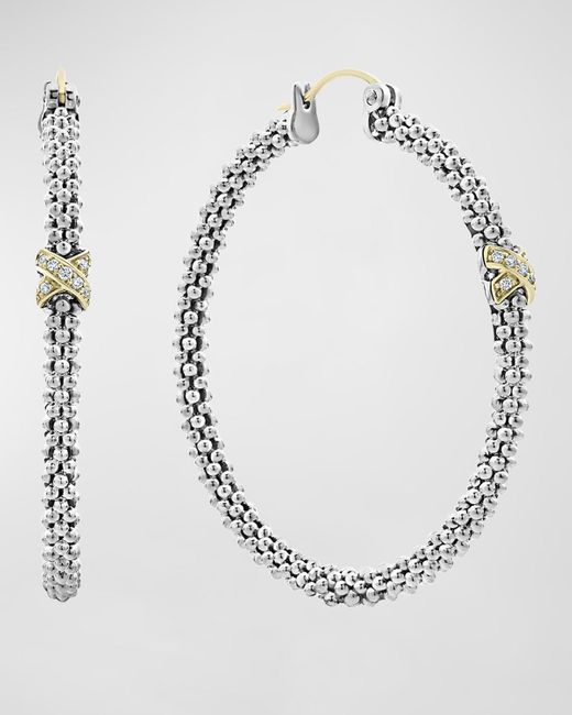 Lagos White Embrace Diamond-x Skinny Hoop Earrings W/ 18k Gold