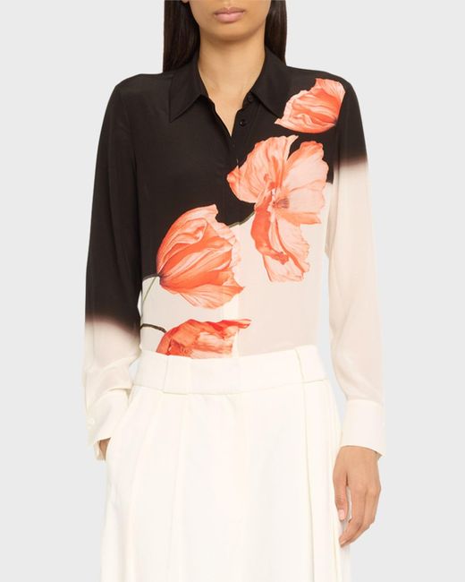 Alice + Olivia Multicolor Brady Two-Tone Floral Oversized Button-Front Silk Blouse