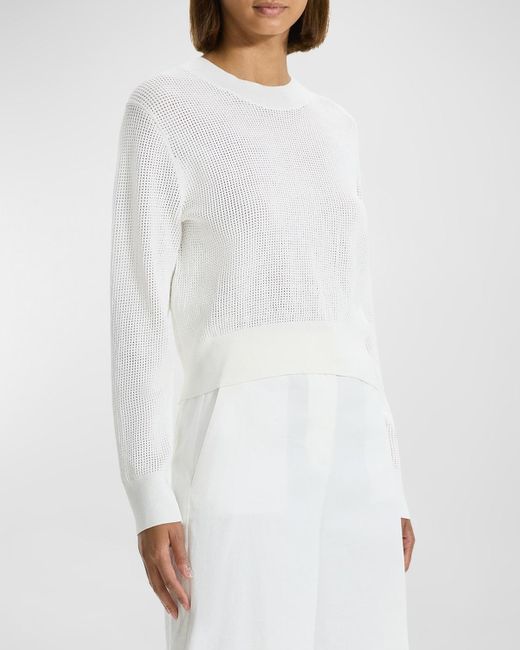 Theory White Mini Pointelle Stitch Long-Sleeve Pullover Top