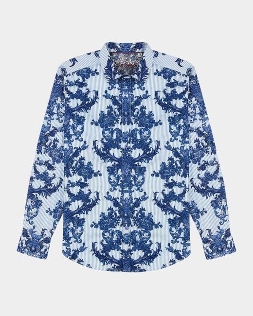 Robert Graham Blue Bayswater Pinstripe Damask Stretch Sport Shirt for men