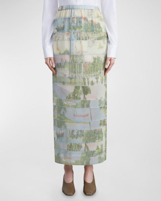 Lafayette 148 New York Green Tiered Landscape-print Ribbed Maxi Skirt